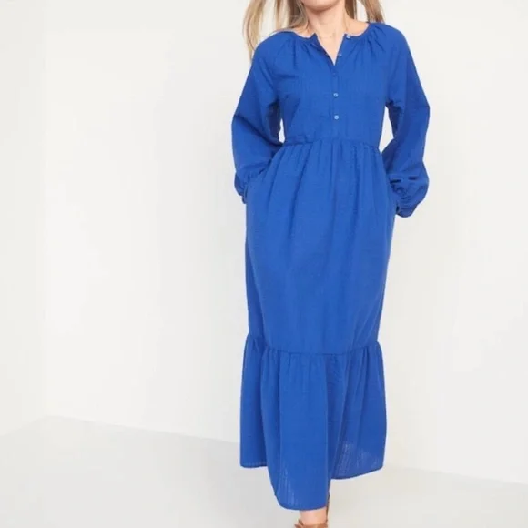 knee length dresses for ladies Blue Long Sleeve Swing Dress M main image 1